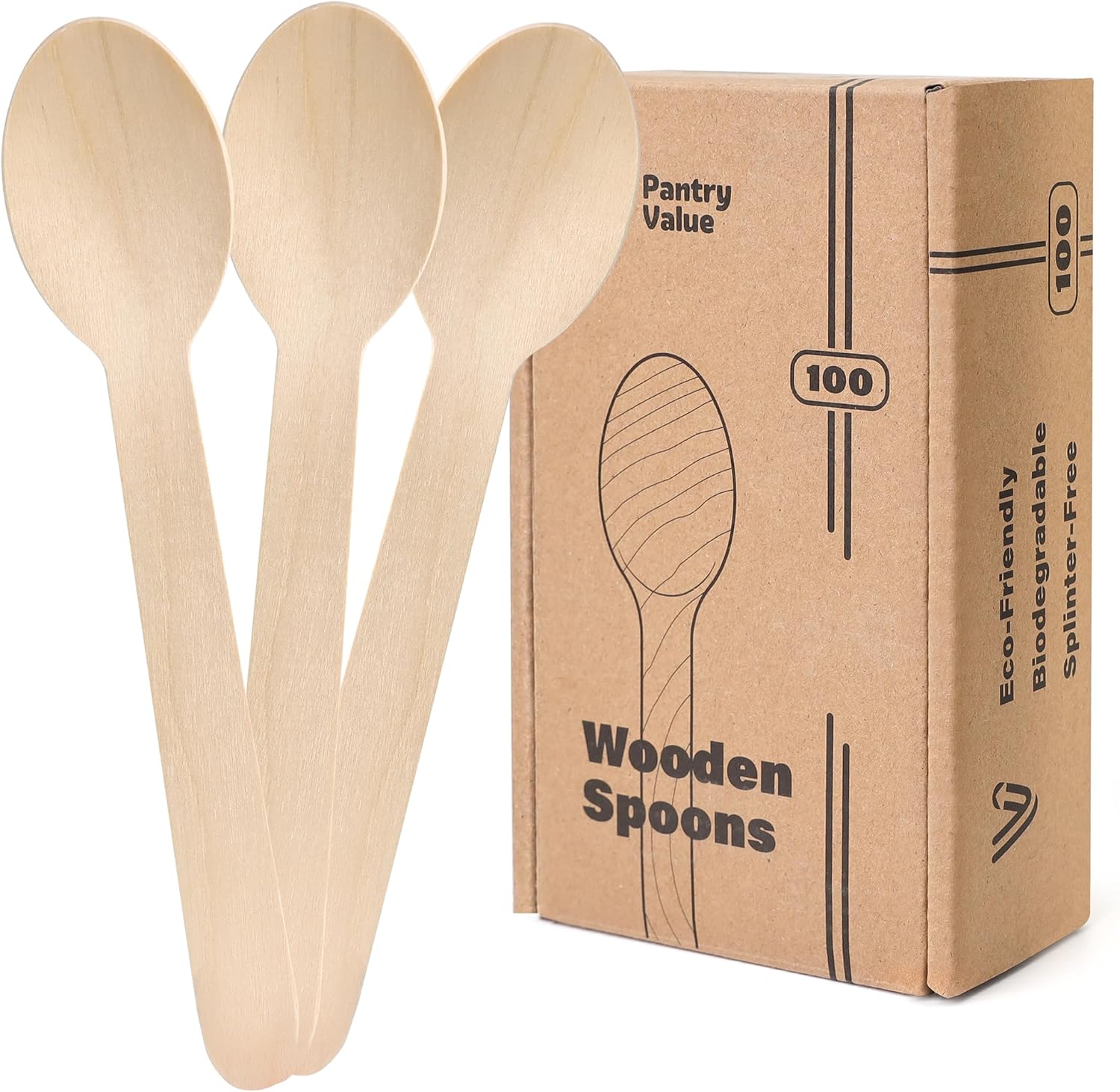 Pantry Value disposable wooden spoons one hundred count front view pack