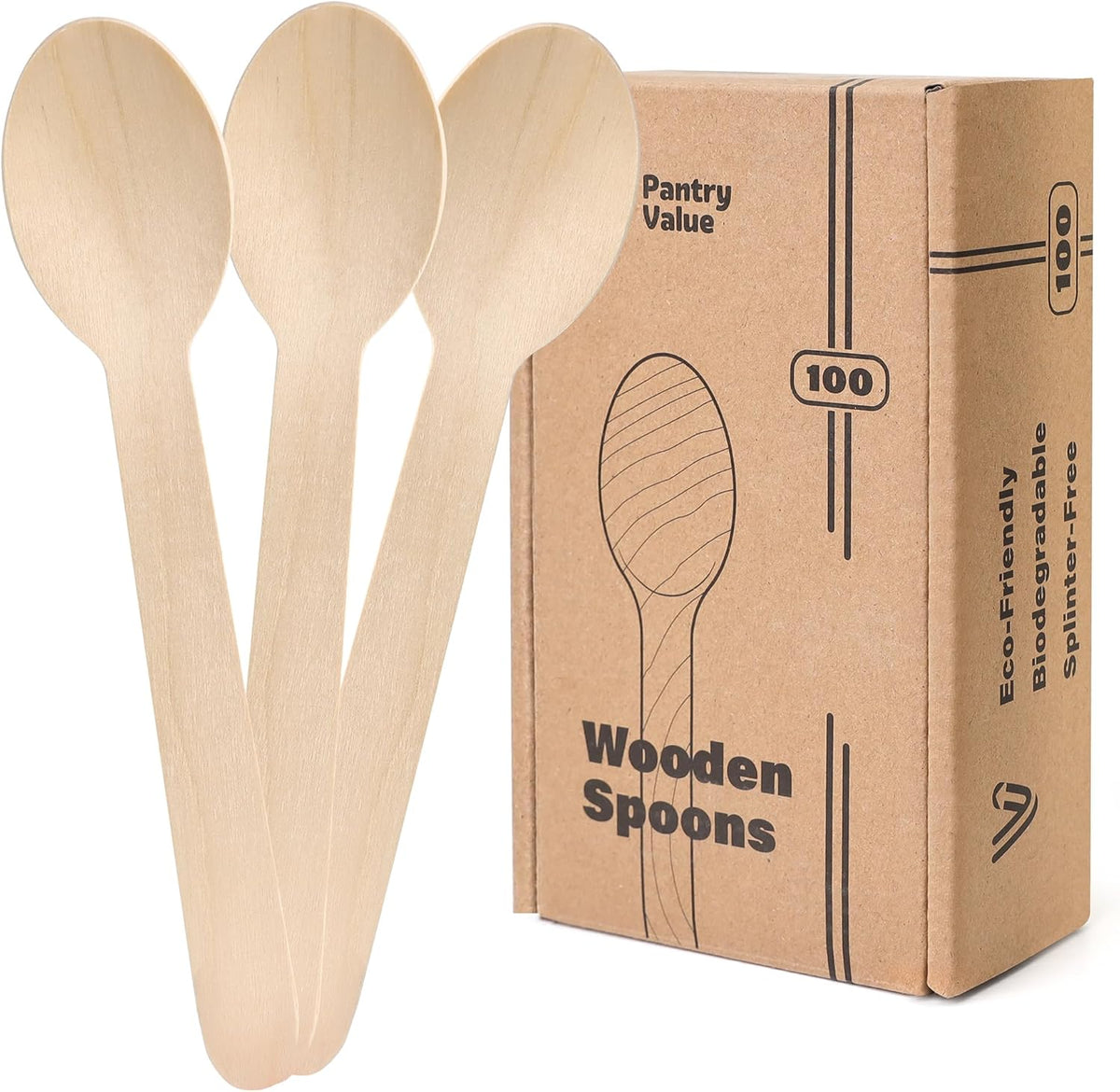 Pantry Value disposable wooden spoons one hundred count front view pack