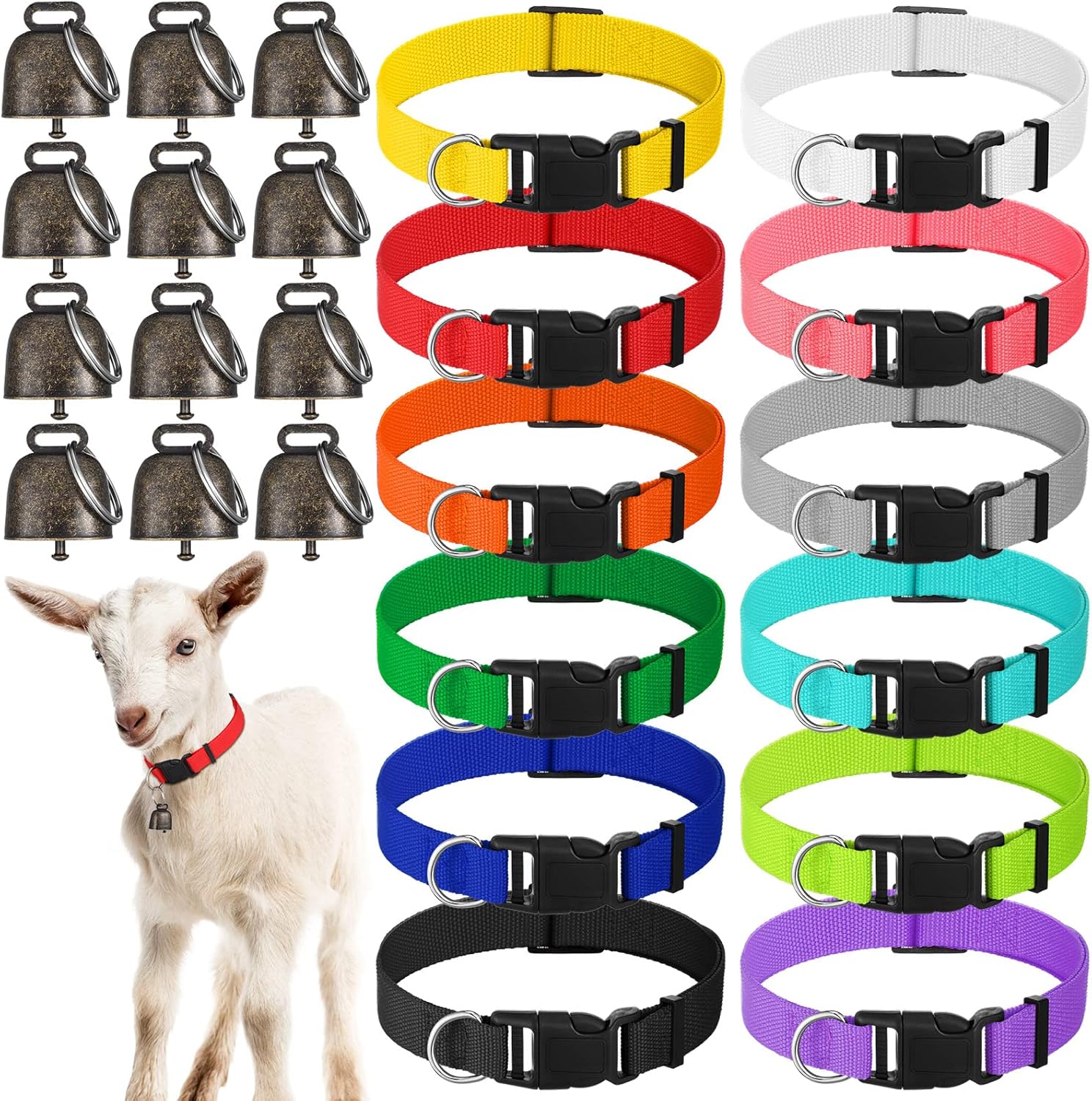 Patelai goat collars with bells 12 pack front view showing multiple vibrant nylon strap colors and bronze grazing bells.