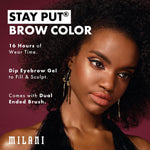 Milani dark brown eyebrow pomade jar open showing the creamy water resistant product texture.