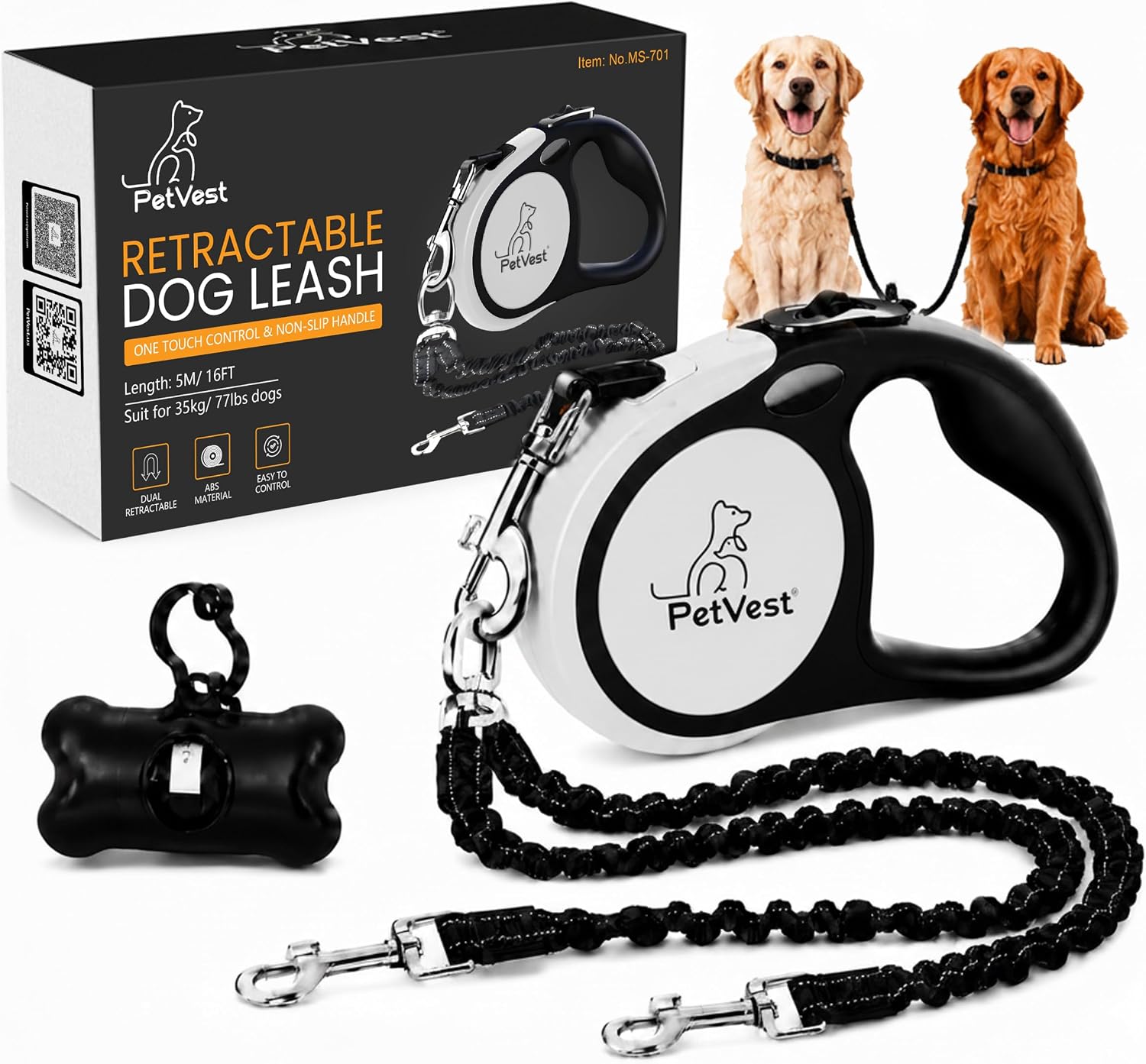 PetVest dual retractable dog leash front view