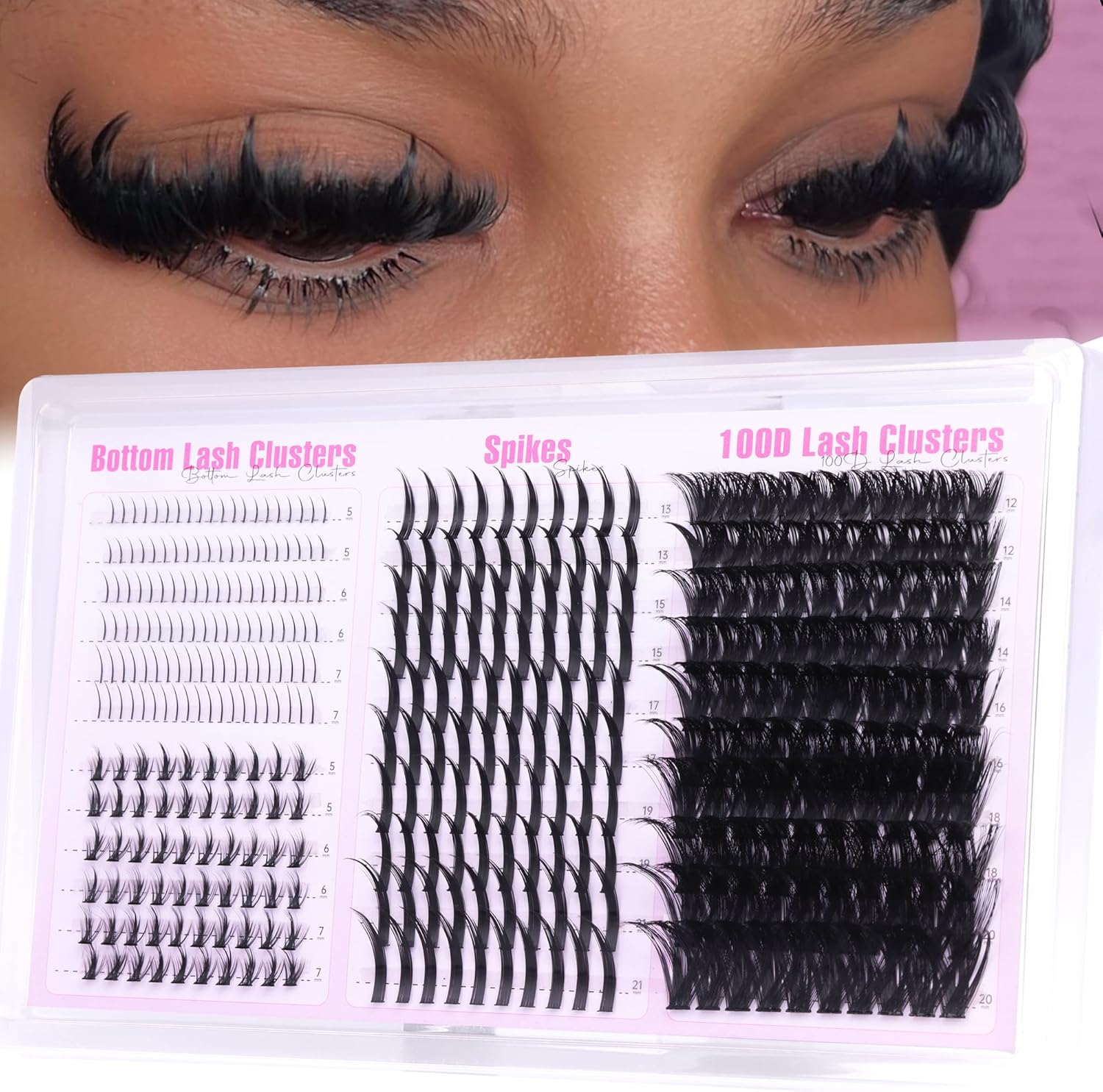 Boahankuke Wispy Lash Clusters tray featuring individual spike extensions and bottom lashes front view