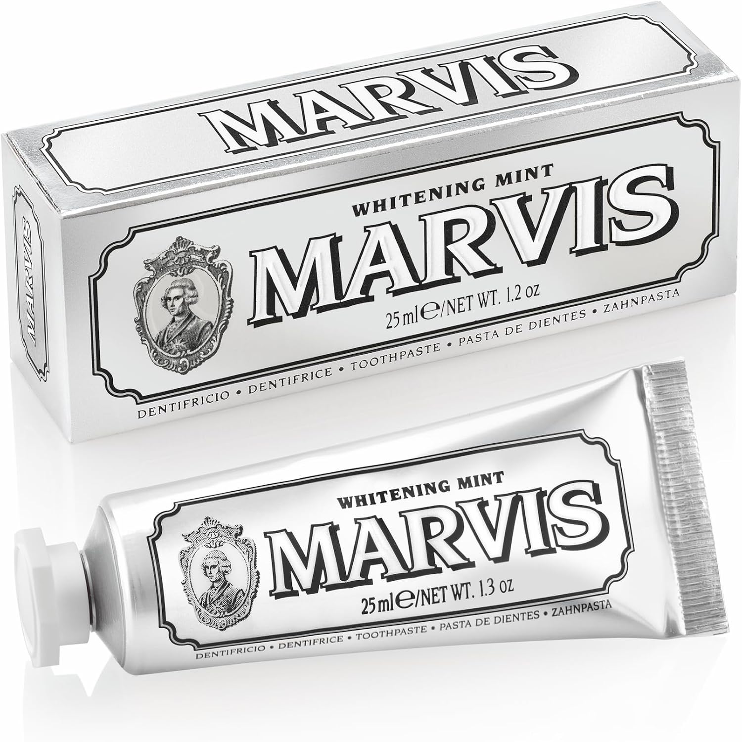 Marvis Whitening Mint Toothpaste packaging and tube front view for premium imported oral care