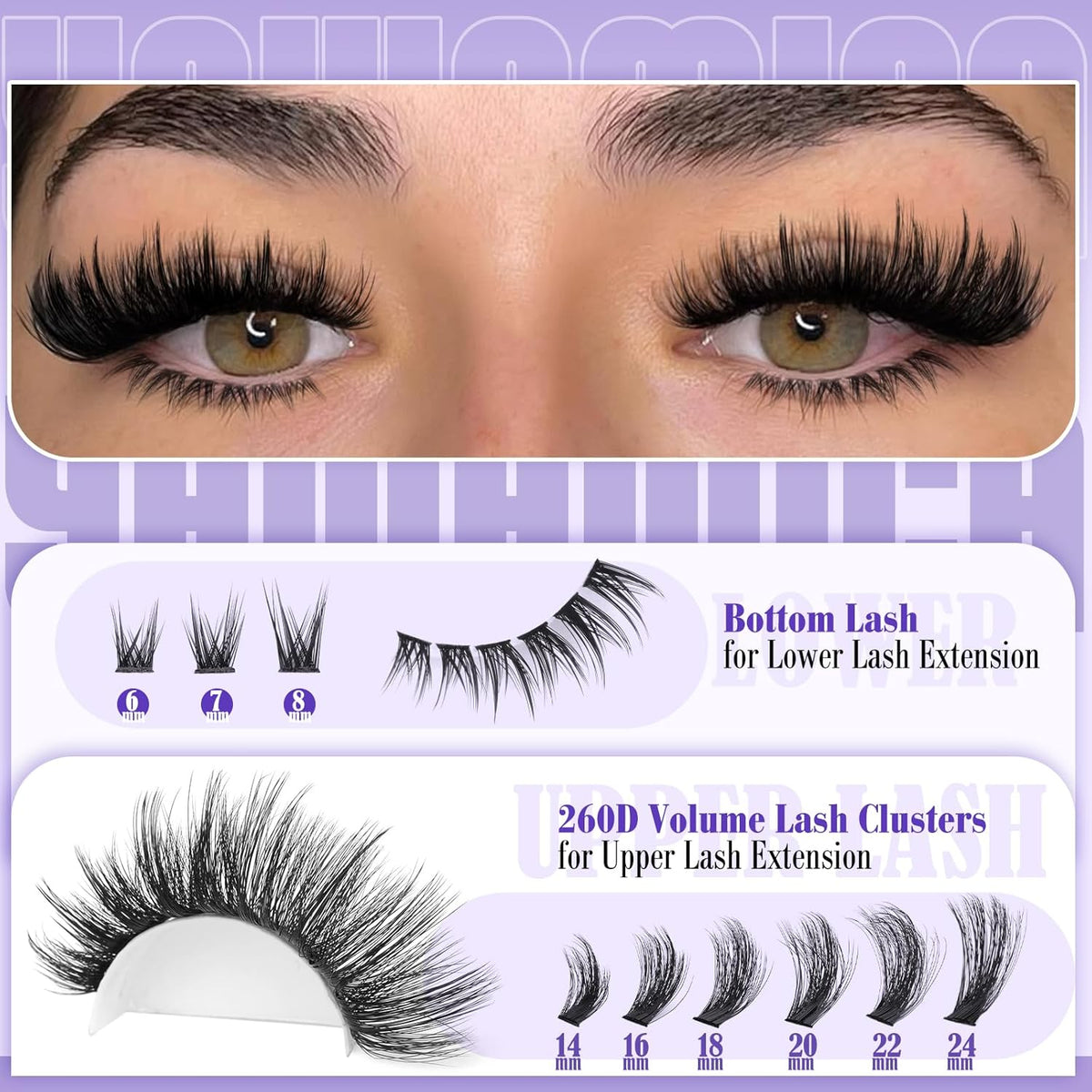 Volume Lash Clusters with Bottom Lashes Wispy Fluffy Eyelash Clusters Manga Lashes Clusters with Spikes 14-24mm Long 260D Thick Cluster Eyelash Extensions D Curl 236pcs Individual Lashes by Yawamica - Image 4