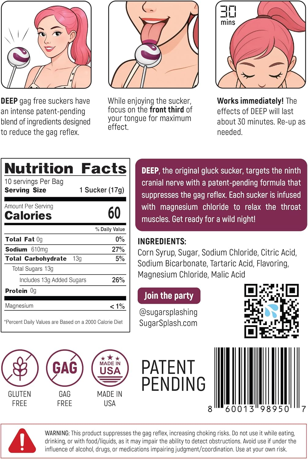Two pack of Sugar Splash Deep non numbing gag reflex lollipops for intimate comfort.