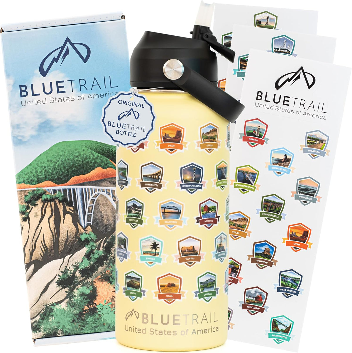 BlueTrail 50 States Water Bottle with Stickers - 32 oz Insulated Stainless Steel, Upgraded Leak-Proof Lid, UV & Waterproof Permanent Stickers, Laser Engraved 50 States of the USA (Black) - Image 9