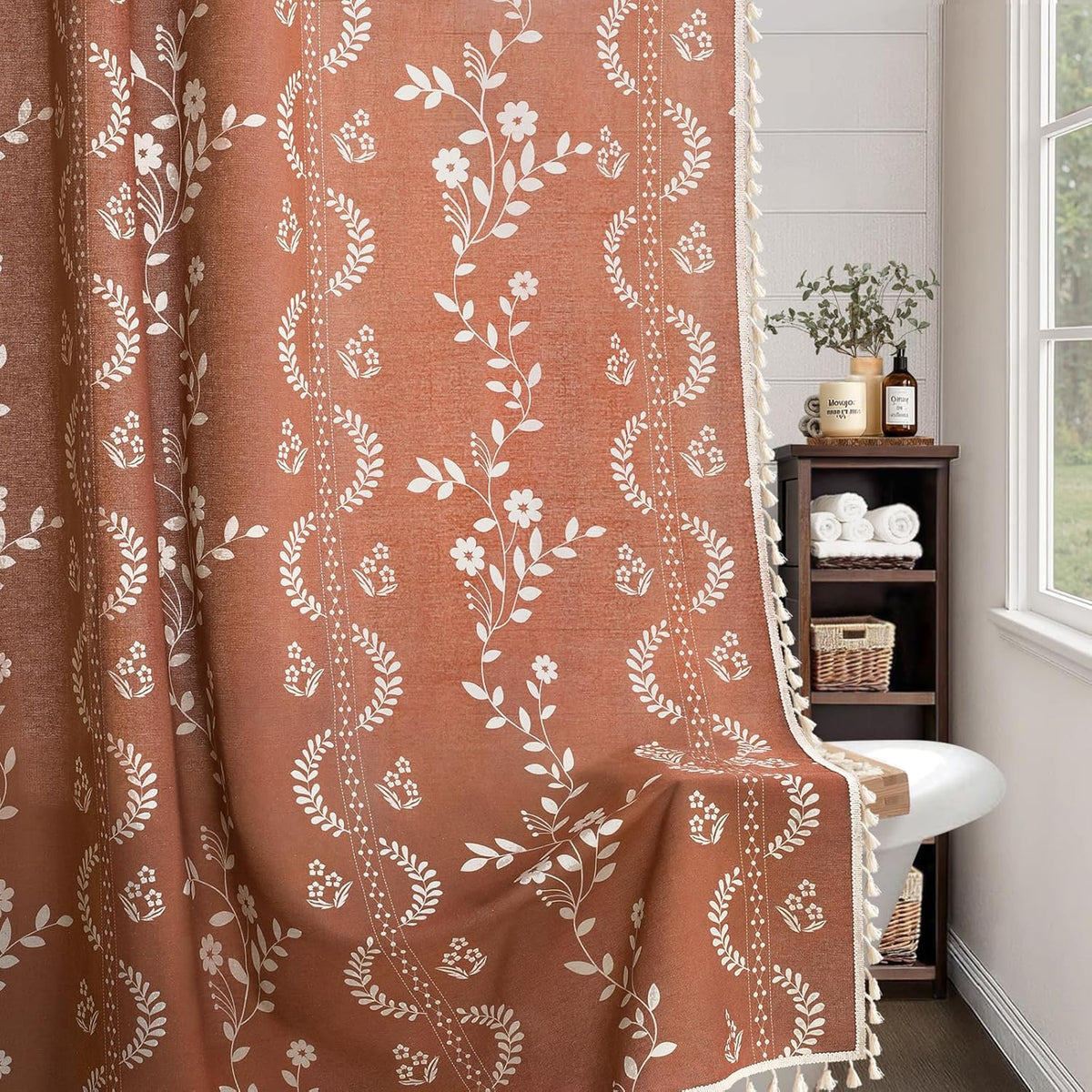 NDDYCU Vintage Boho Terracotta Shower Curtain front view hanging in a farmhouse bathroom.