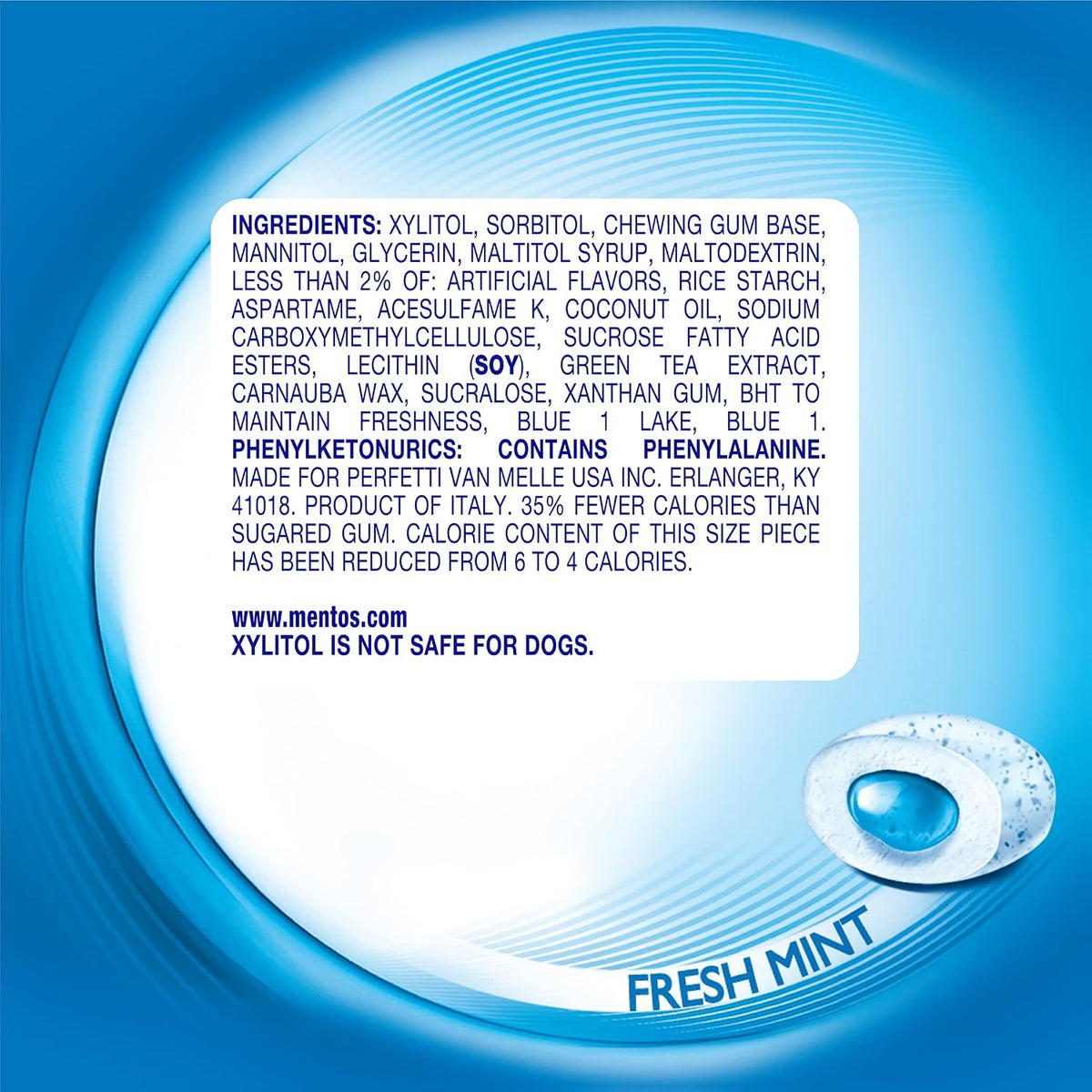 Close up view of the crunchy shell texture of Mentos xylitol chewing gum.