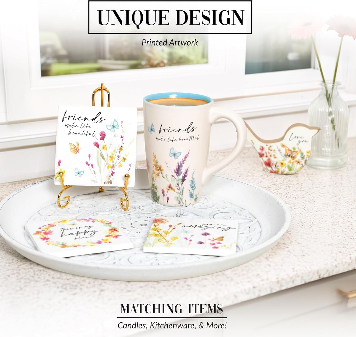 Pavilion Gift Company decorative tile styled on a coffee table