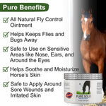 Pure Sole fly control ointment jar open showcasing the thick natural beeswax and essential oil texture