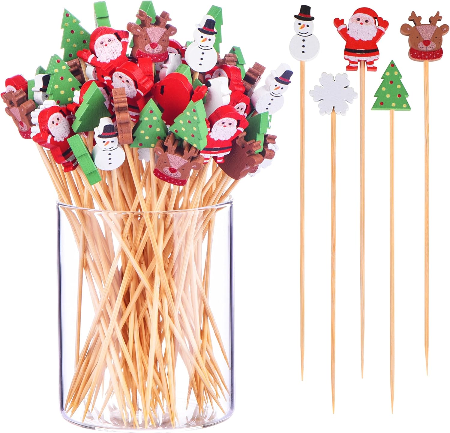 JtmyAota 100 Pack Christmas Toothpicks for Appetizers, 4.7 Inch Natural Bamboo Cocktail Picks for Cake Dessert Food Fruit Christmas Party Decorations - Image 1