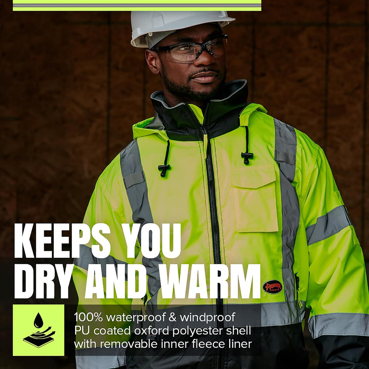 Pioneer waterproof safety jacket reflective tape detail