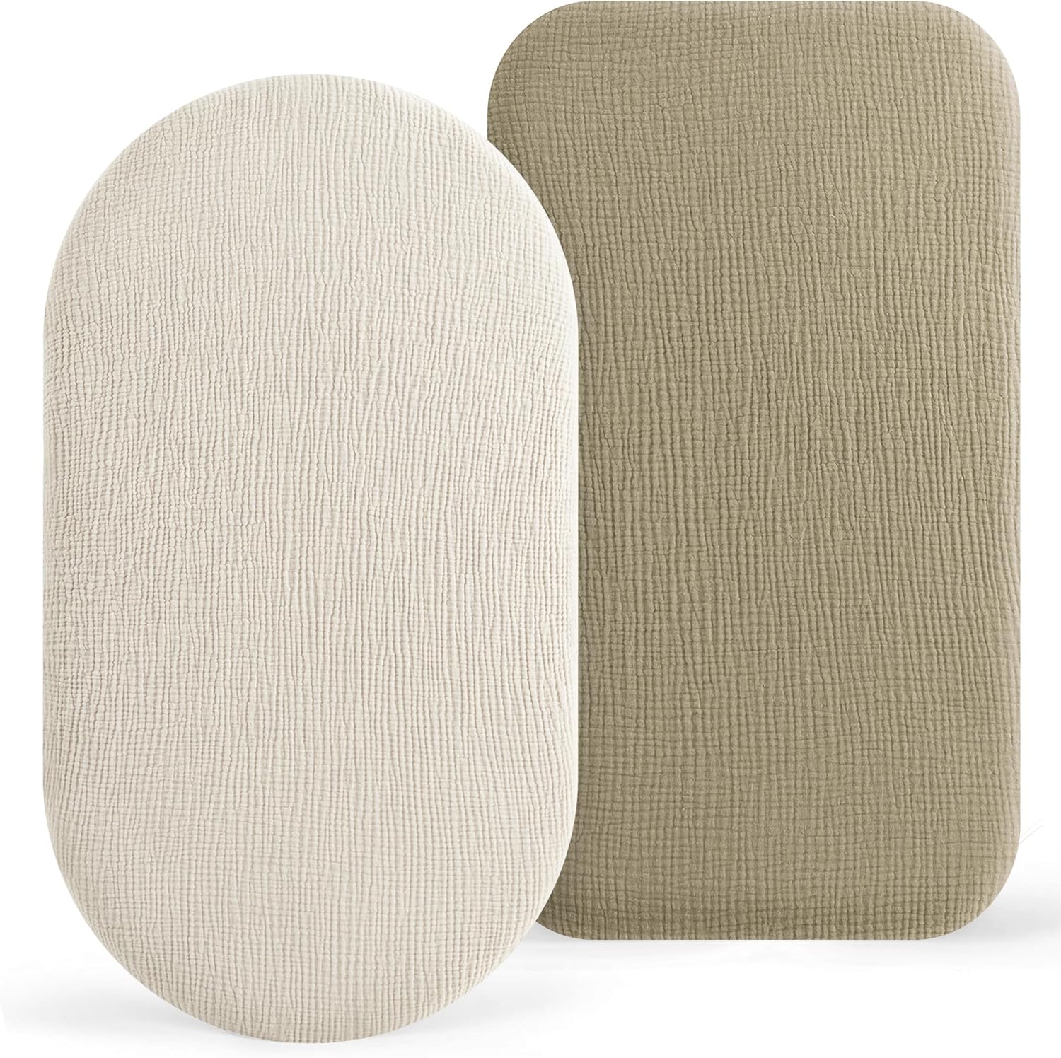 Bearmoss 2-pack muslin cotton bassinet sheets in cream and olive green colors