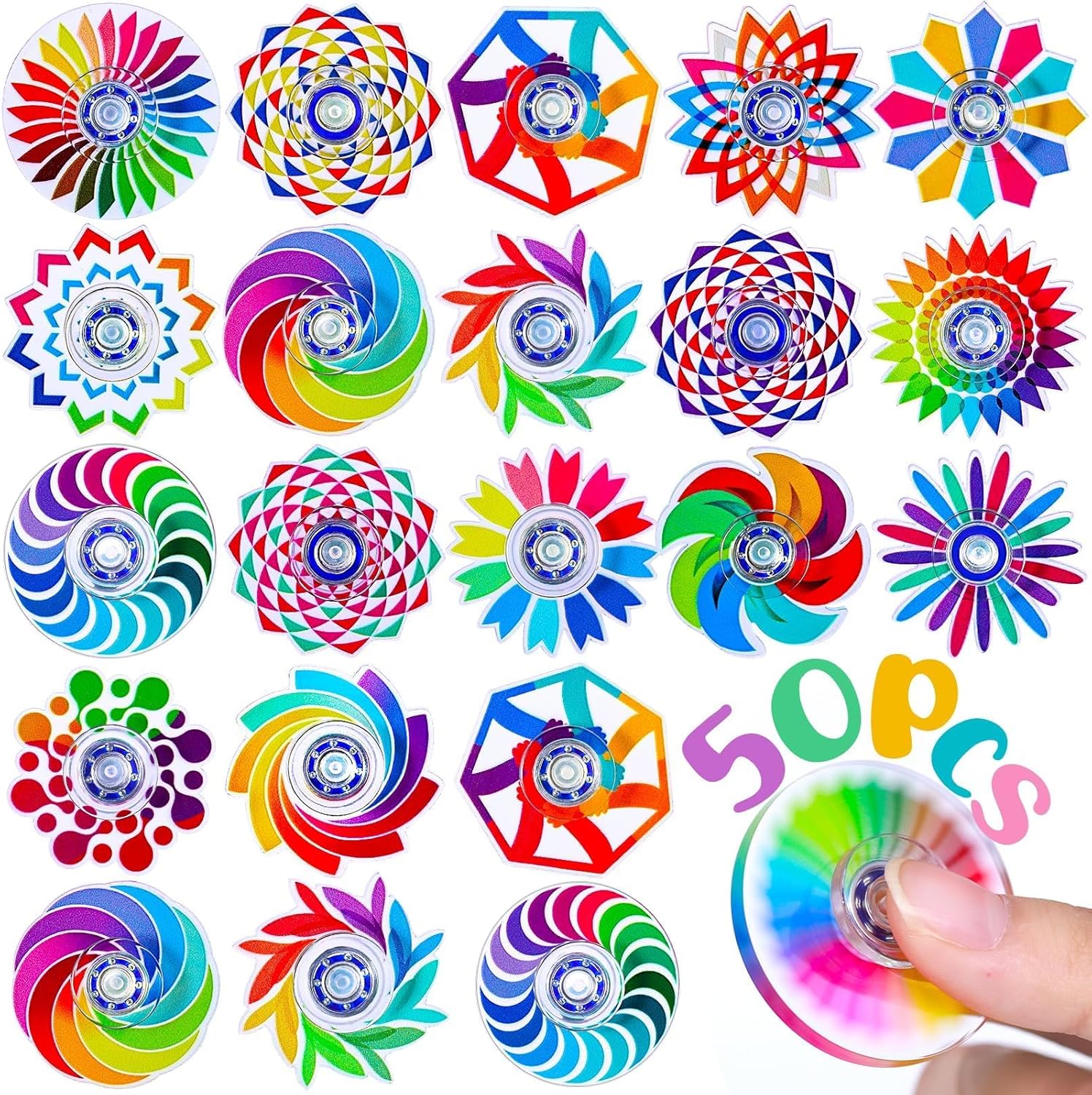 Fasray mini fidget spinner bulk pack front view showing multiple colorful geometric patterns.