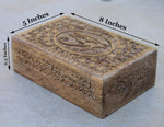 Dharmaobjects hand carved wooden box close up of the Eye of Horus symbol