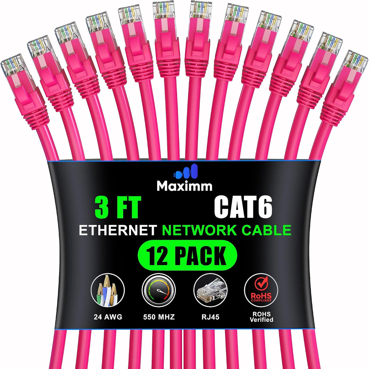 Maximm Cat6 Ethernet Cable 10 Ft Blue (12-Pack), 10Gbps 550MHz UTP Cord - Image 9