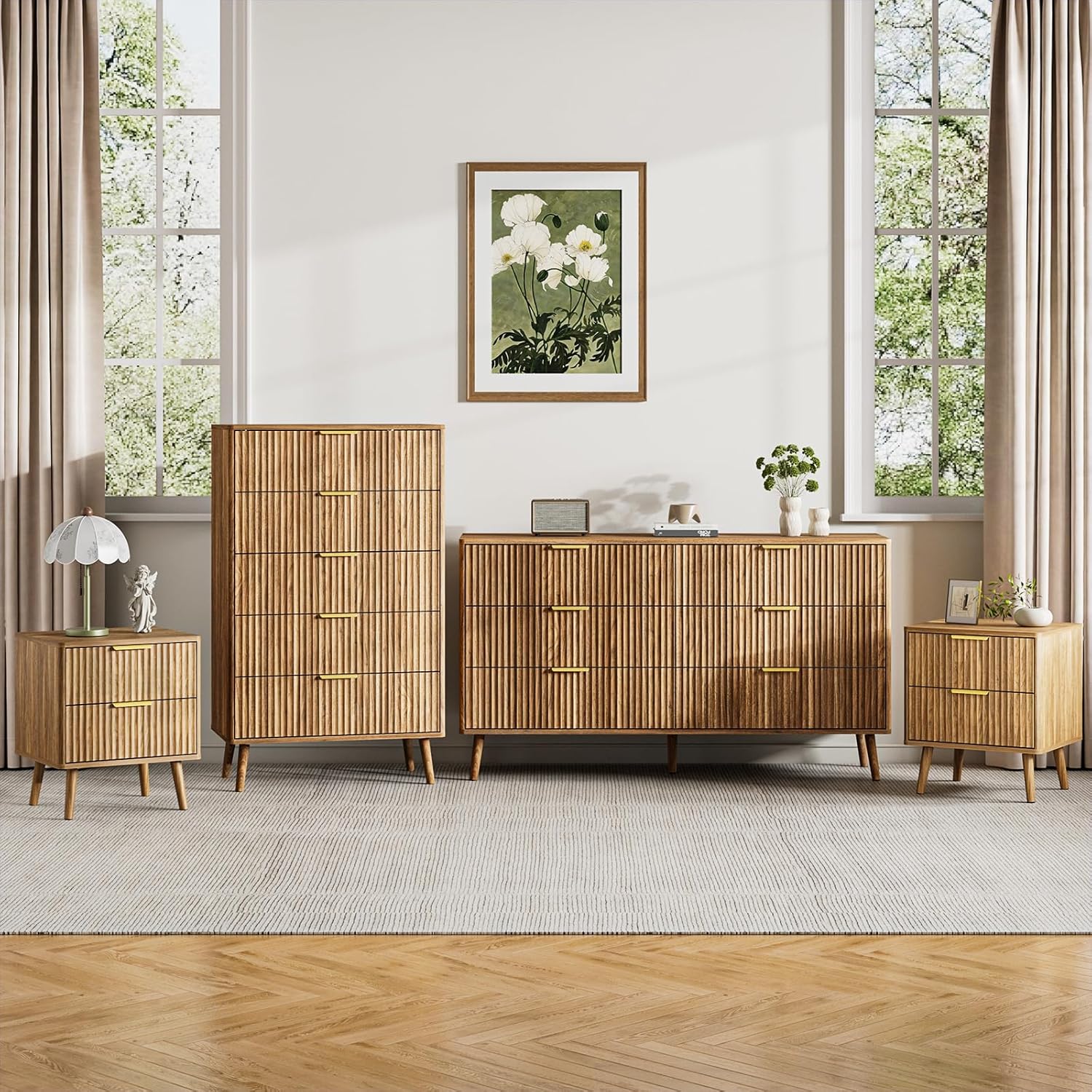 LYNSOM fluted dresser and nightstand four piece set front view in modern bedroom