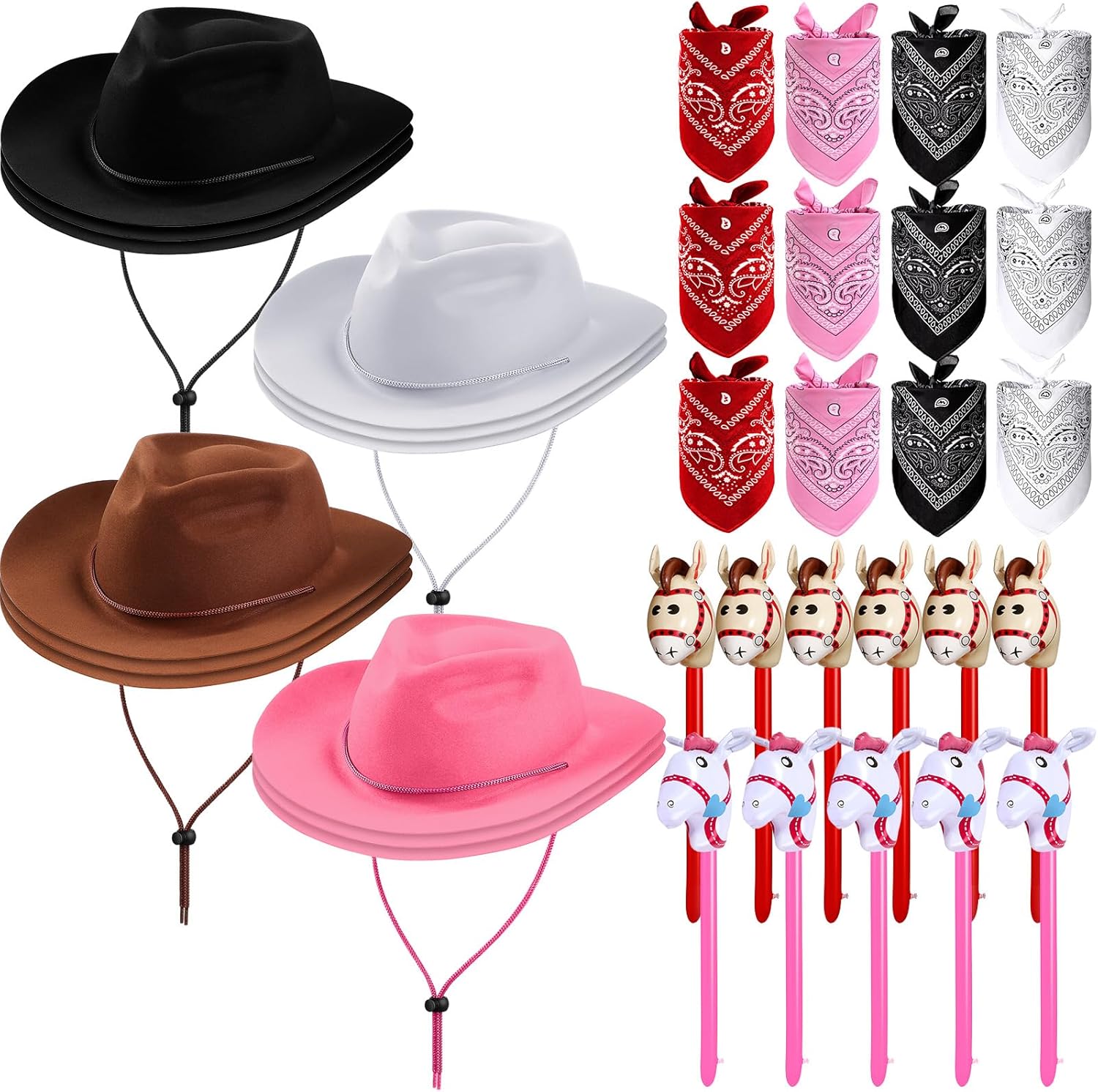 Xtinmee 36 Pieces Cowboy Party Costume Set front view showing hats bandanas and horses