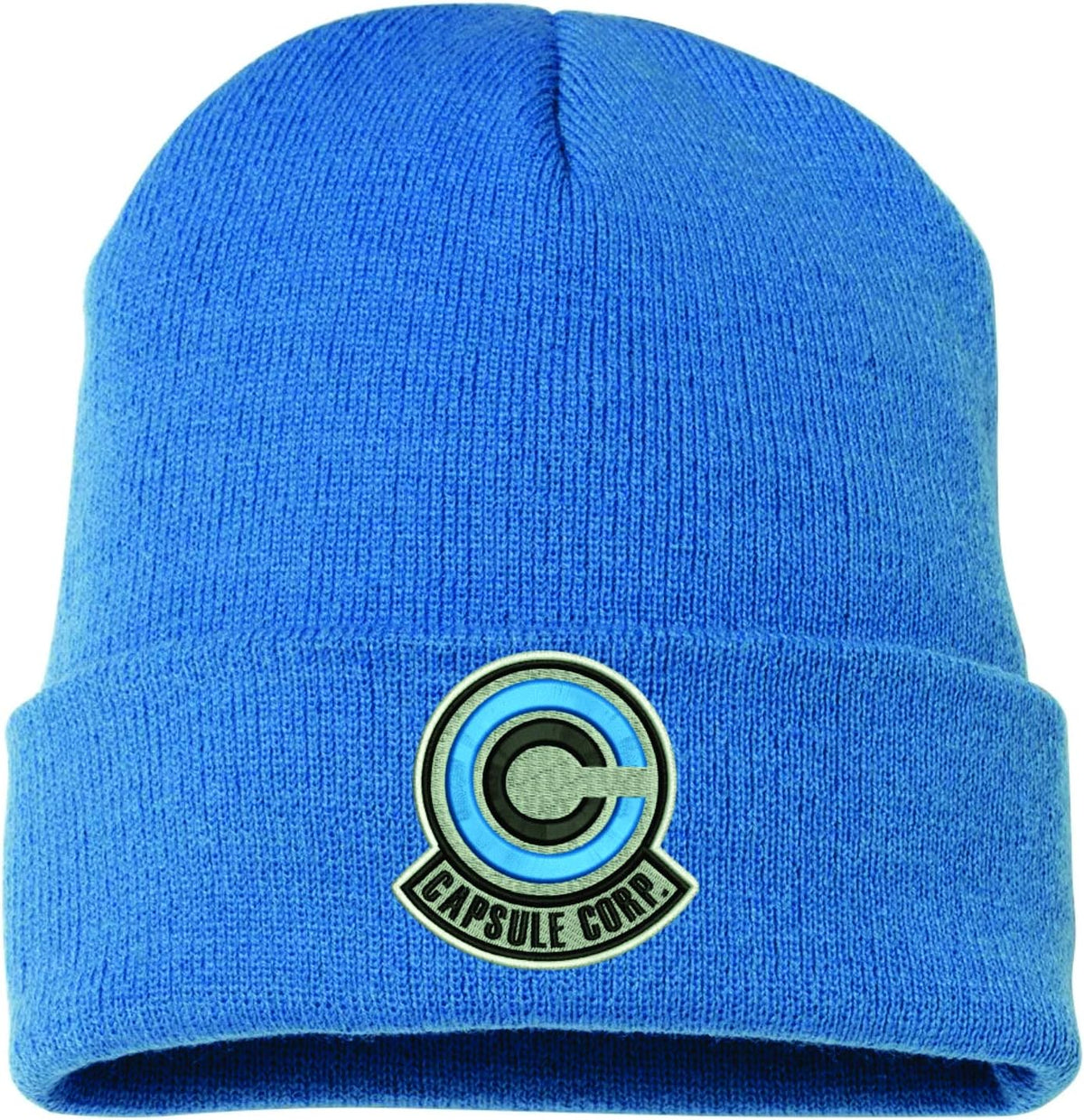 Close-up of Capsule Corporation embroidered logo patch on white knit cuff
