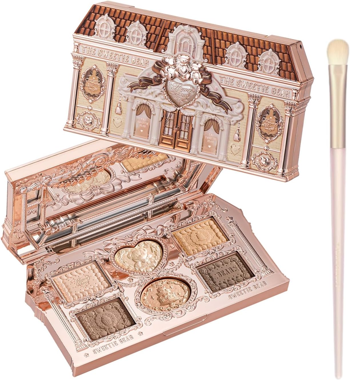 Flower Knows The Sweetie Bear Collection 6-Color Makeup Palette front view featuring ornate 3D neoclassical packaging design.