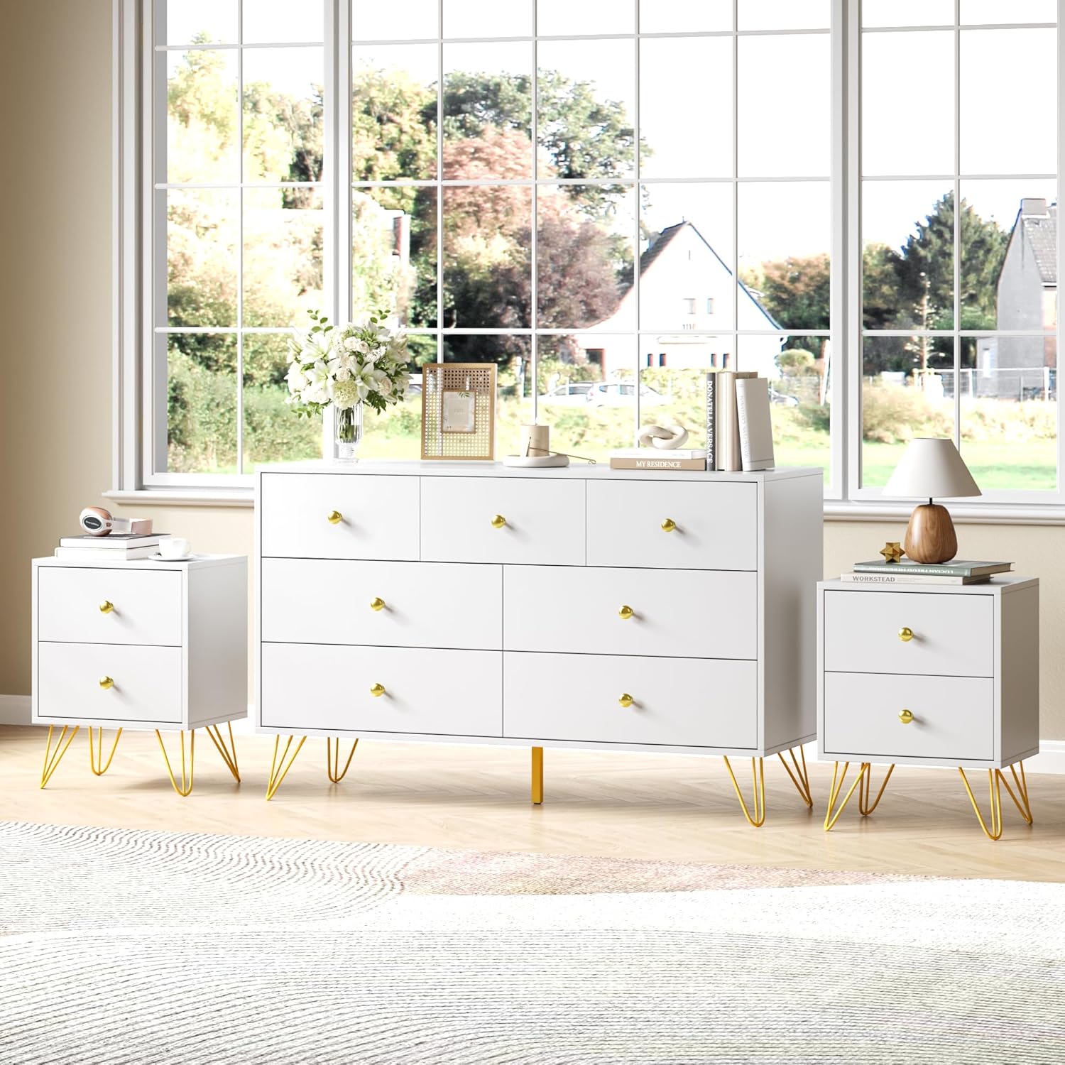 RESOM white 7 drawer dresser and nightstand set front view