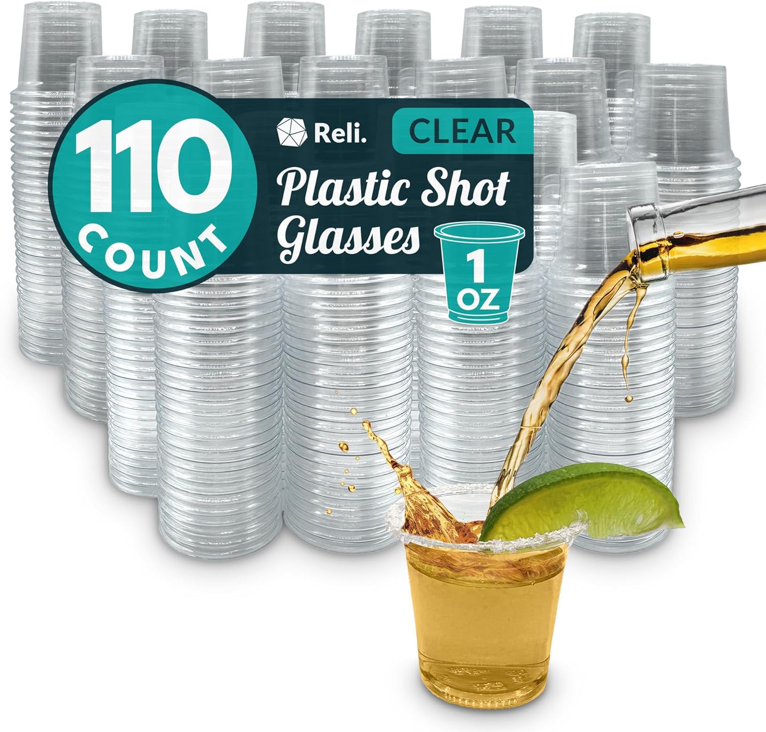 Reli. 110 Count One Ounce Plastic Shot Glasses front view of stacked clear cups