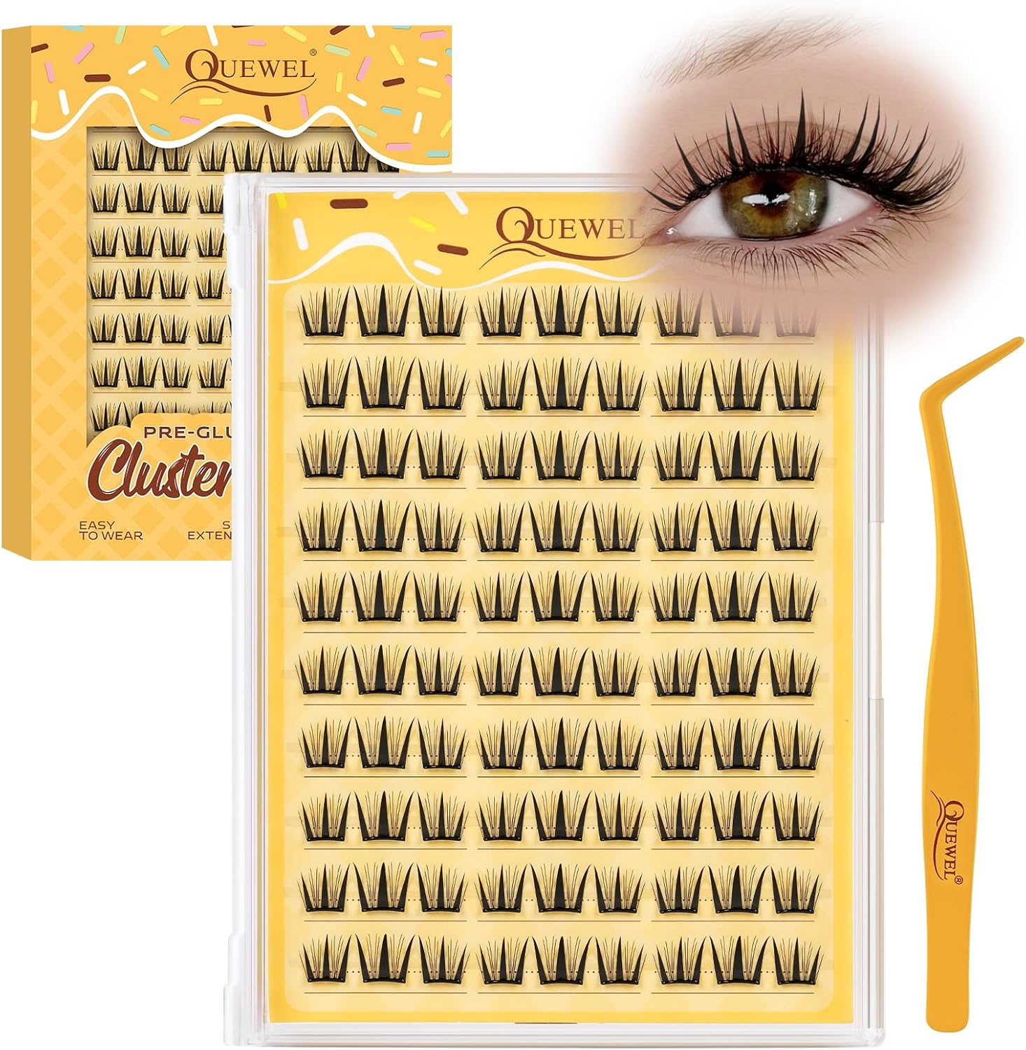 QUEWEL Self Adhesive Eyelashes, Pre Glued Eyelashes Clusters 90Pcs Manga Lashes No Glue Needed,D Curl Pre Glued Lashes With Tweezers for Cute Makeup ooks, Easy And Quick To Wear(ZZBP03) - Image 1