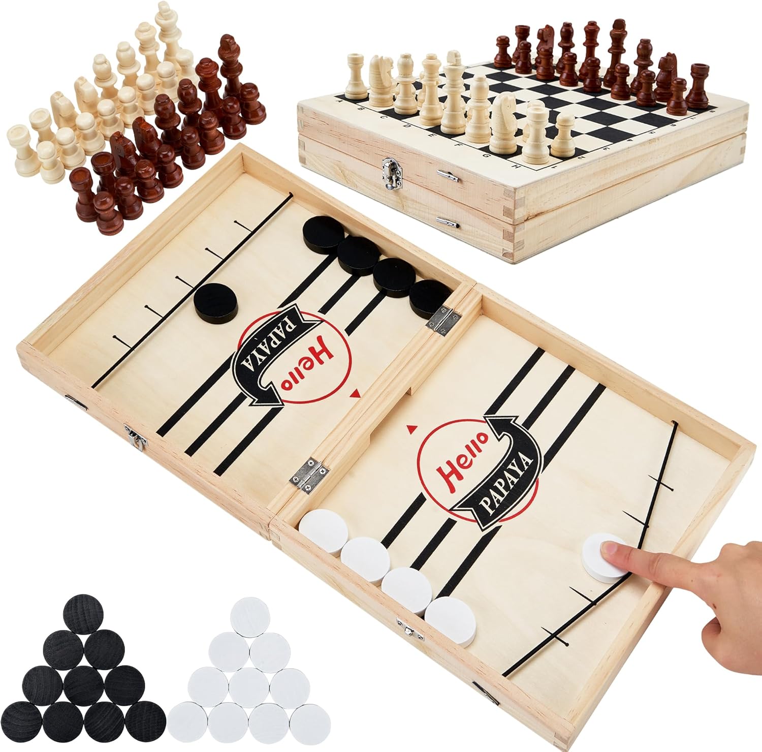 Hello Papaya Foldable Fast Sling Puck Game front view showing the wooden board layout with elastic bands.