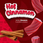 Thick chunks of red hot cinnamon gourmet licorice twists displayed next to the product pack.