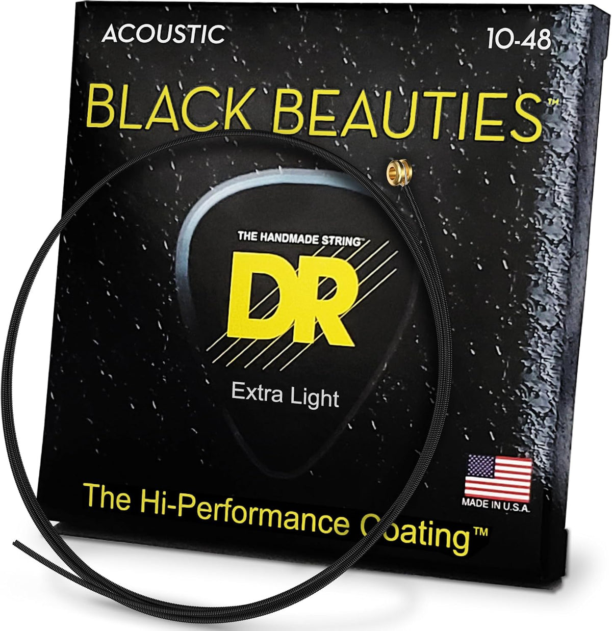 Close up view of jet black K3 coated acoustic guitar strings