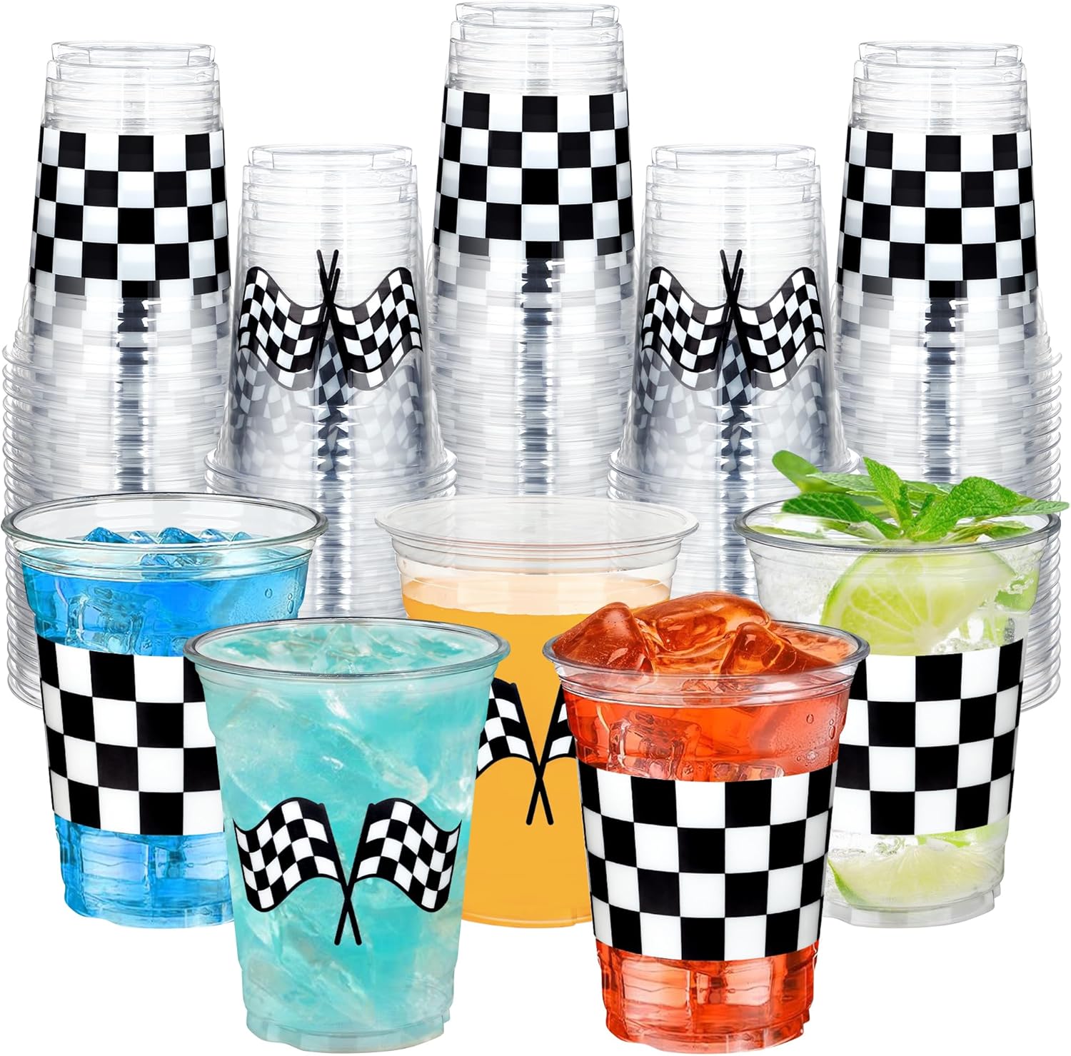 Peony Man checkered racing party plastic cups front view