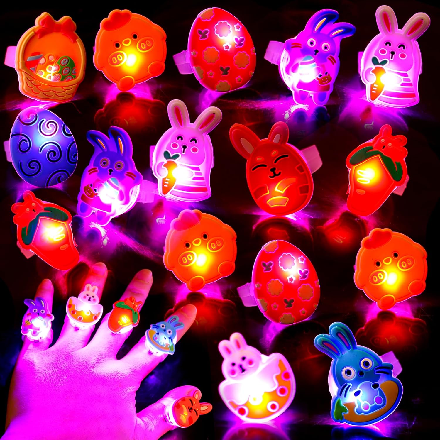 FOIMAS Easter LED light up rings front view showing glowing bunny and egg shapes