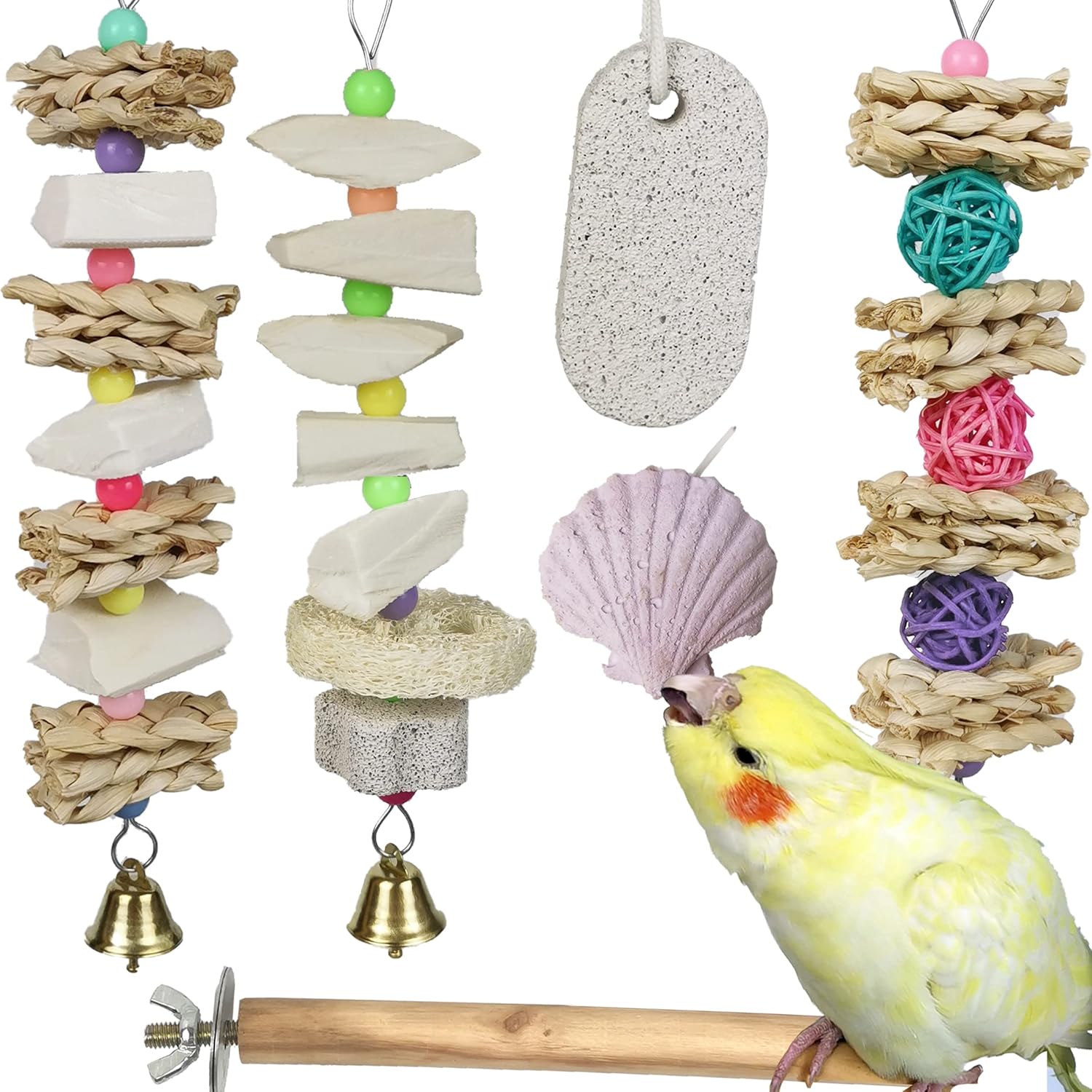 Qimilenzy Parrot Chewing Toys Six Pieces Set hanging in a bird cage