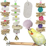 Qimilenzy Parrot Chewing Toys Six Pieces Set hanging in a bird cage