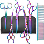 Nyutcwe rainbow curved chunker dog grooming scissors front view showcasing the premium multicolored finish