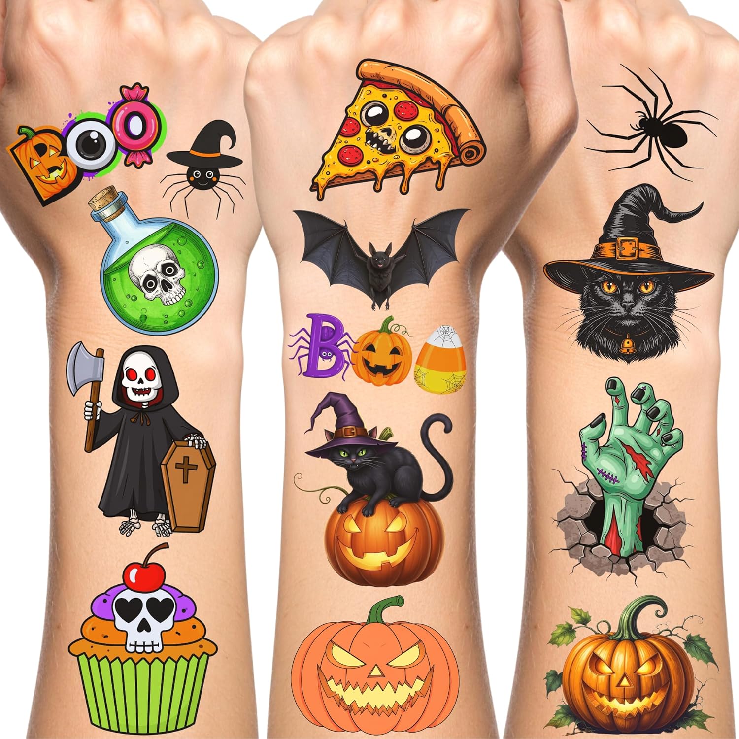 Backtopeia Halloween Temporary Tattoos front view of festive pumpkin and ghost designs