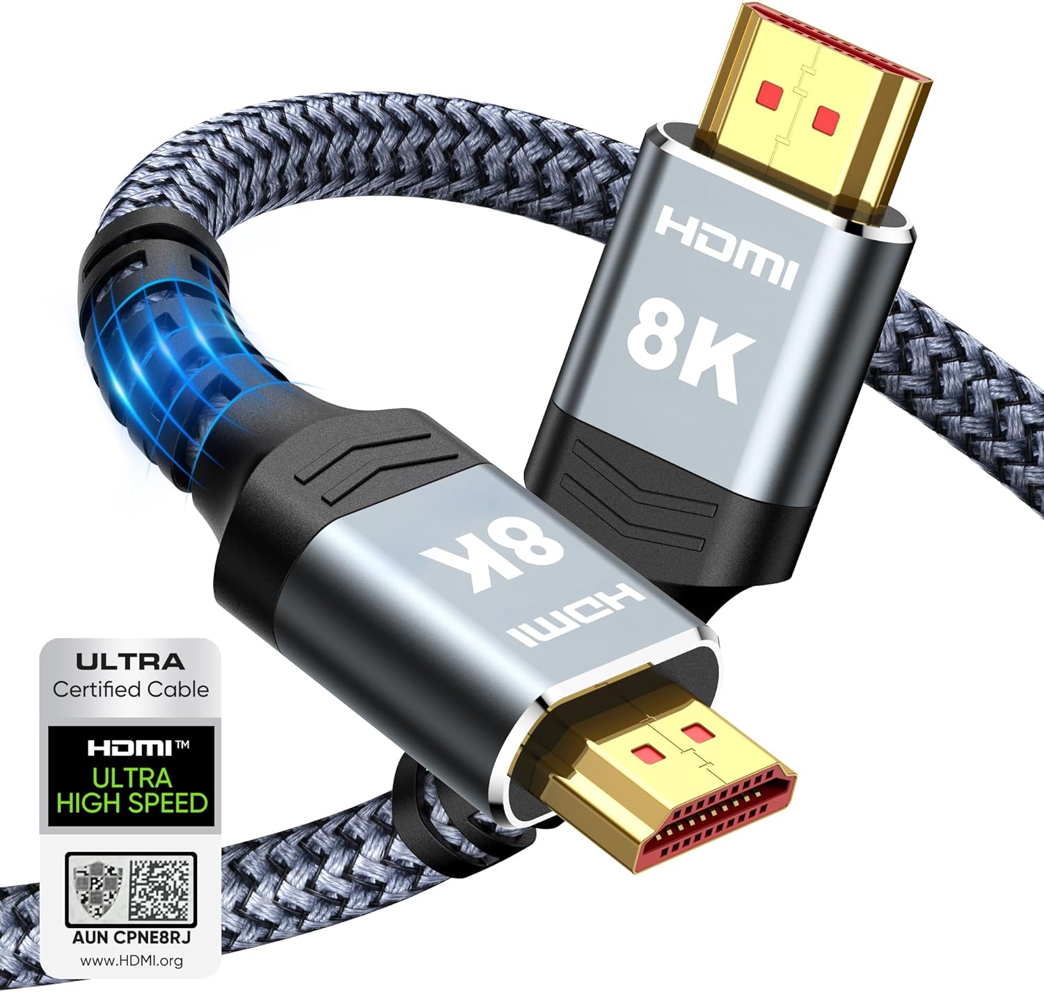 Highwings Certified Ultra High Speed 8K HDMI Cable front view showing grey nylon braided jacket and gold-plated connectors.