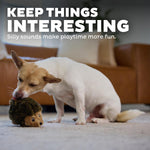 Outward Hound small plush dog toy held to show compact size