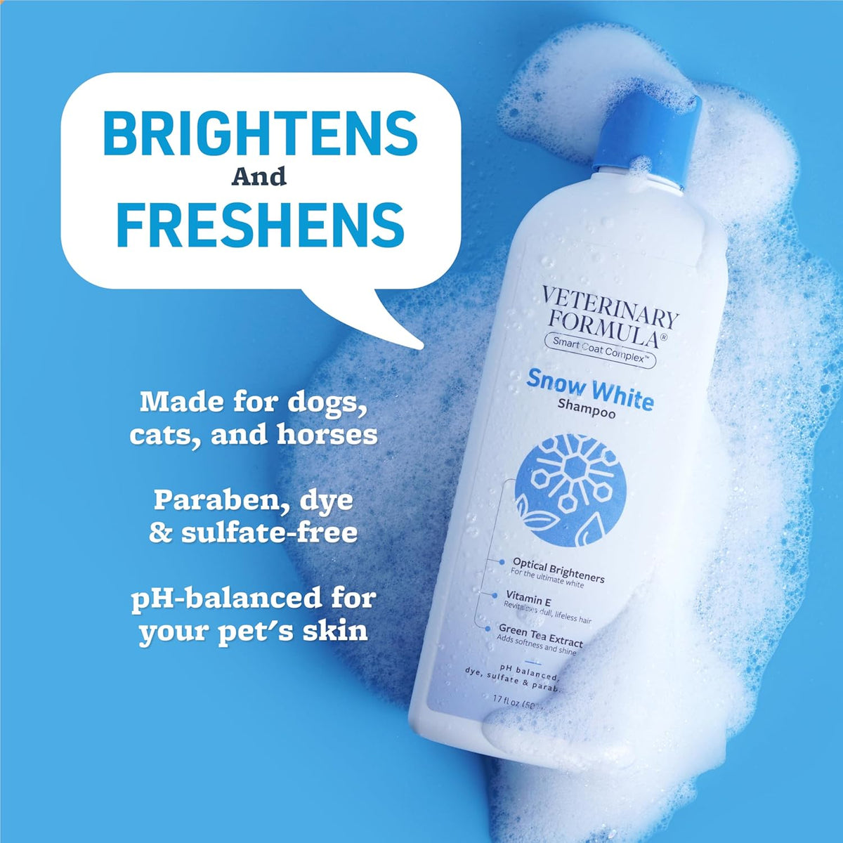 White dog being washed with Veterinary Formula whitening shampoo