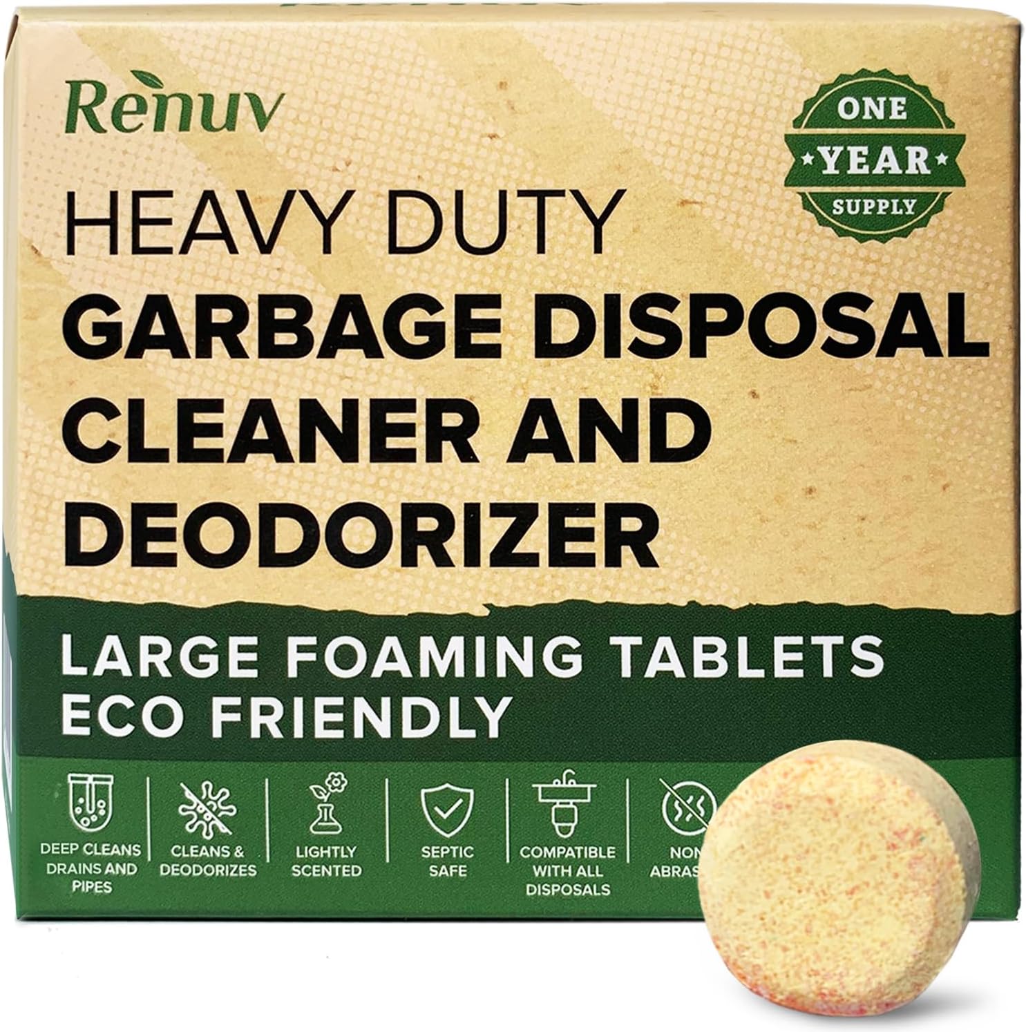 Renuv Garbage Disposal Cleaner and Deodorizer Tablets front view