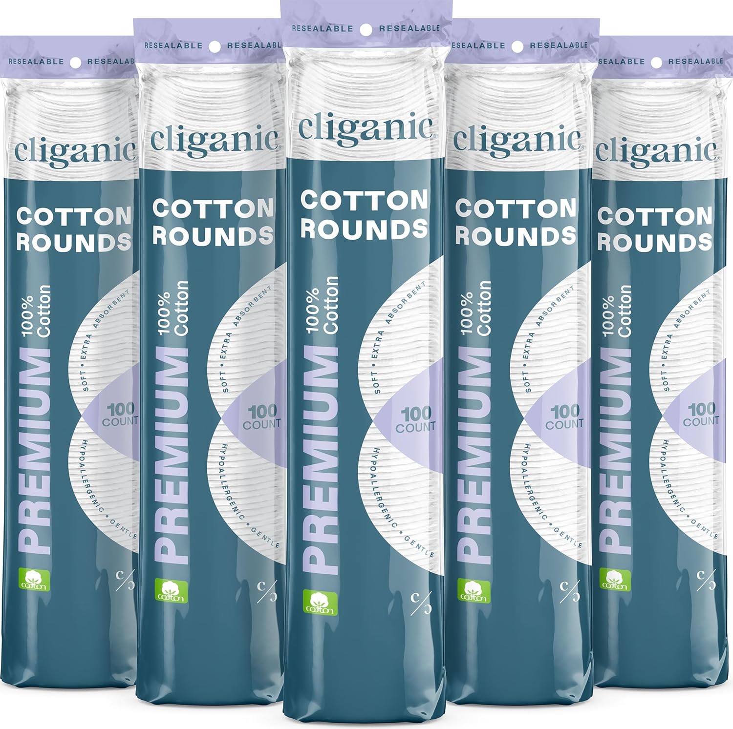 Cliganic Premium Cotton Rounds front view showing the packaging of the 500 count makeup remover pads.