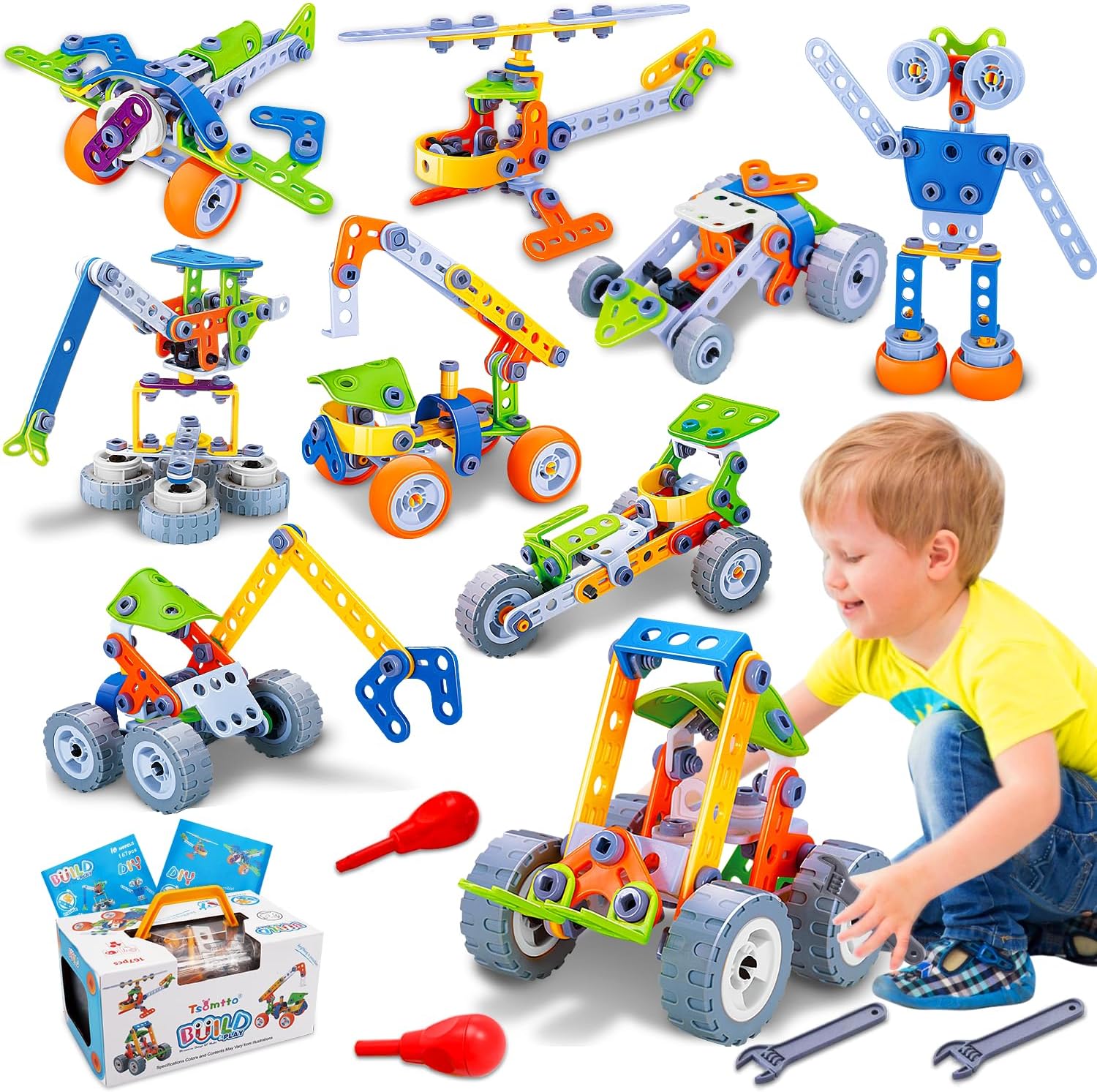 Tsomtto 10 in 1 STEM Building Toys box and components showcasing vibrant educational learning construction pieces.