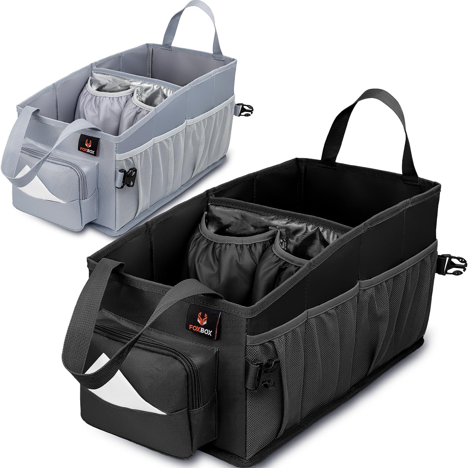 FoxBox Car Seat And Trunk Organizer front view showcasing insulated cup holders and black polyester exterior.