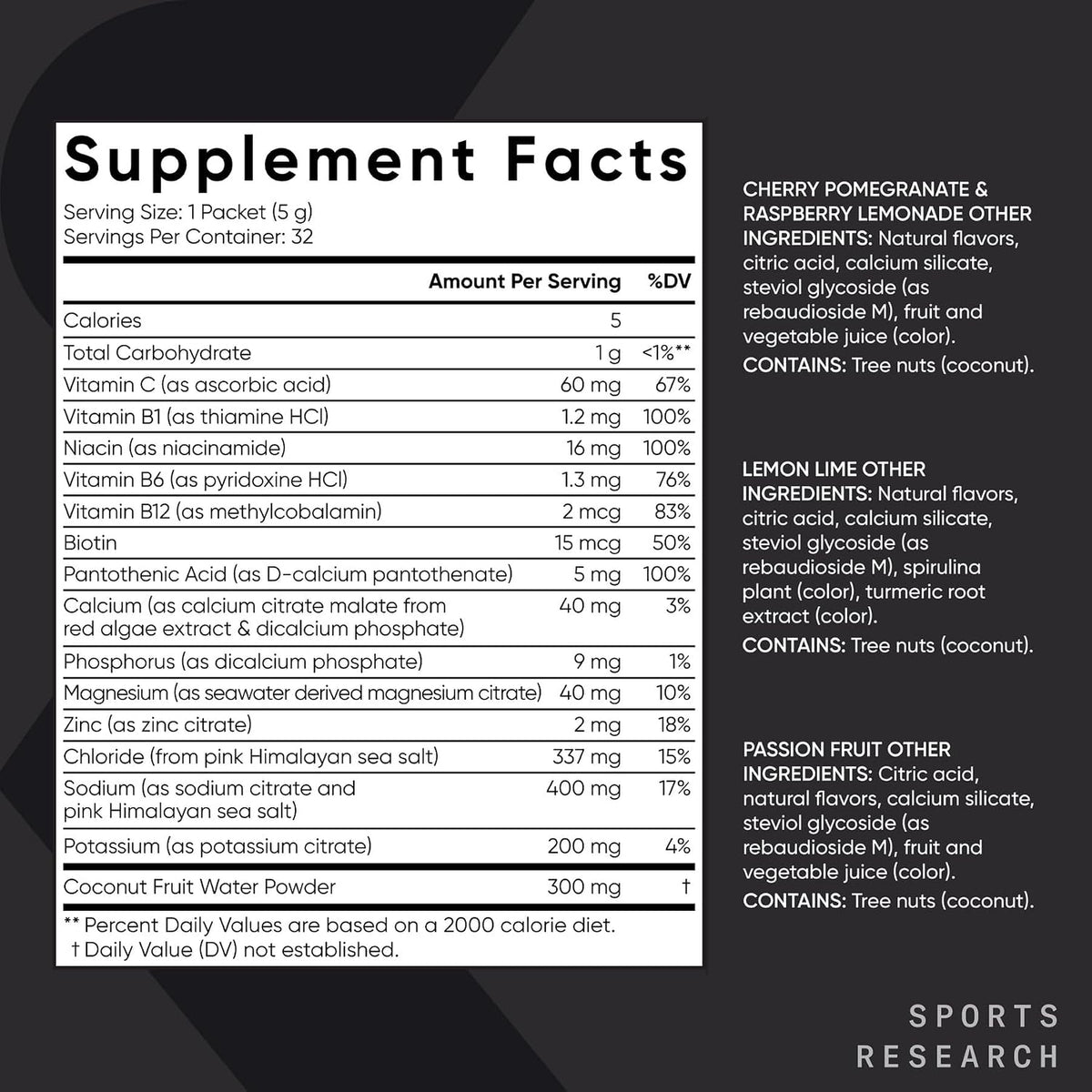 Sports Research Hydrate fitness drink packaging highlighting natural flavors and zero sugar formula