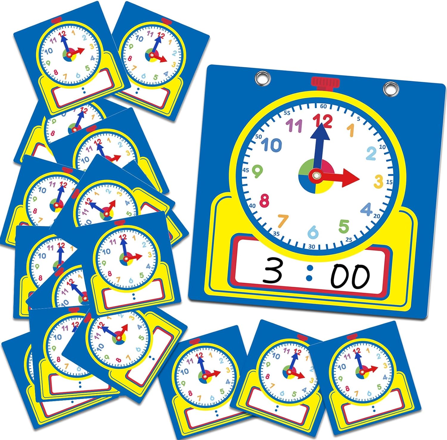 Junkin teaching clock kit front view showing large demonstration clock and smaller student practice clocks.