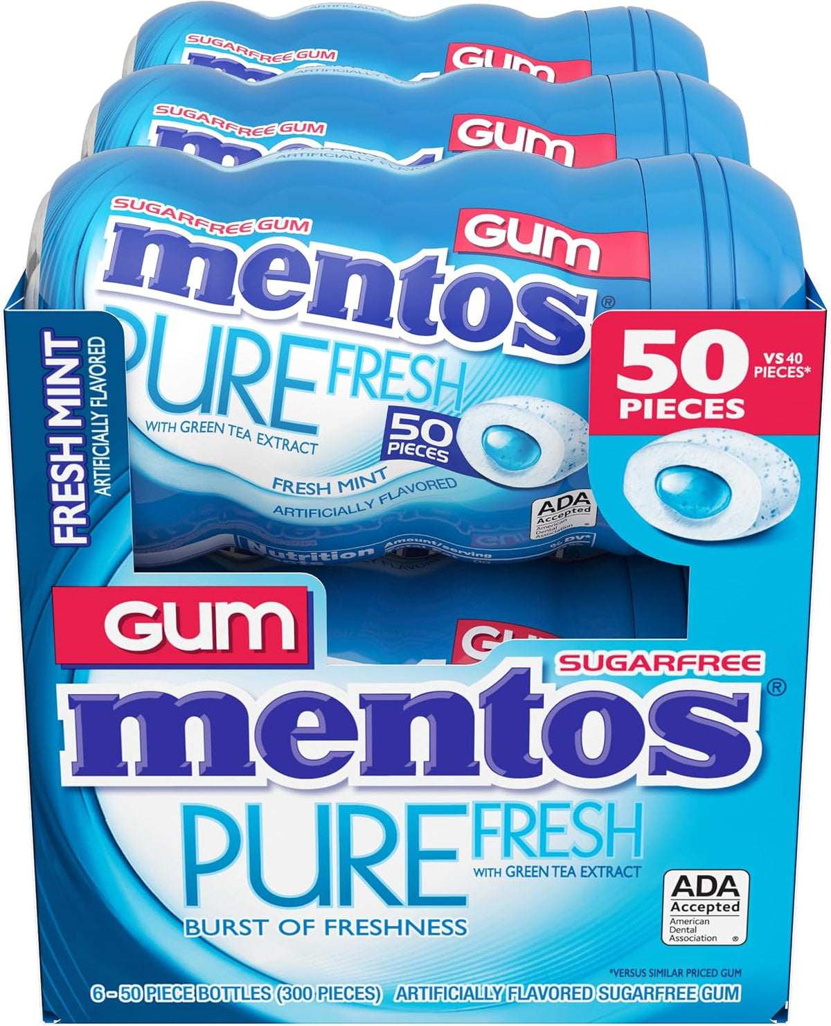 Mentos Pure Fresh gum bottle packaging showing xylitol ingredient information