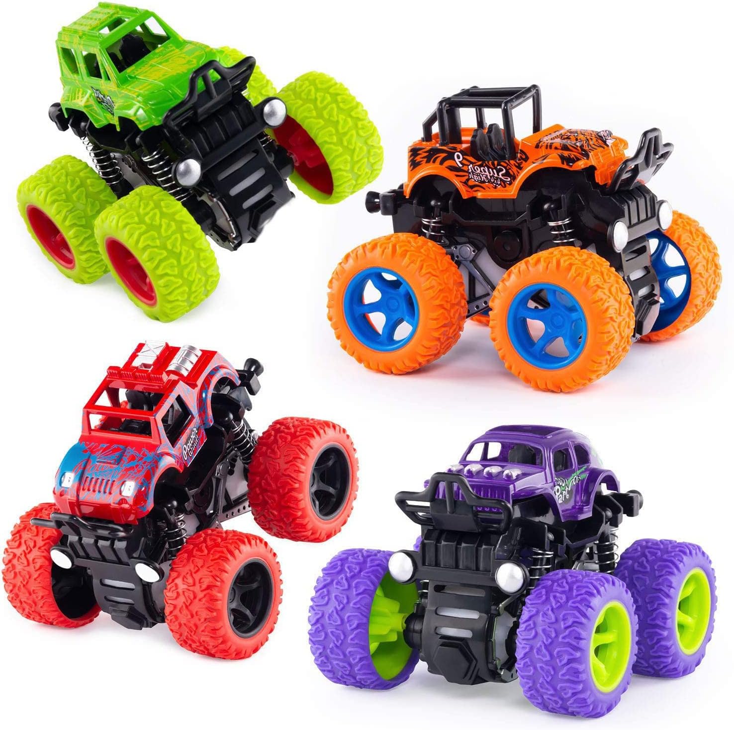 ANAER friction powered monster trucks 4 pack front view showcasing vibrant orange and blue off road stunt cars for kids.
