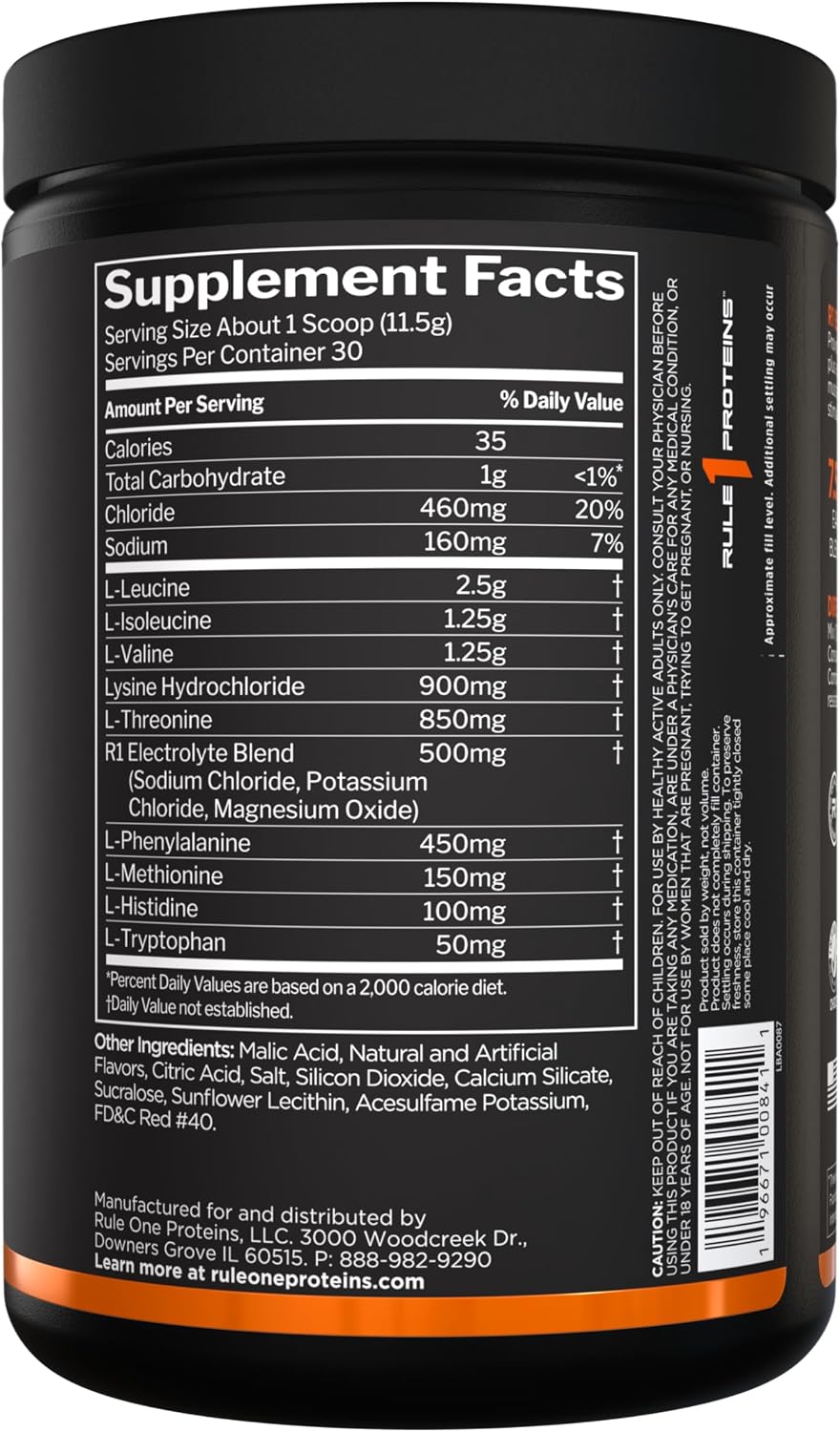Rule 1 Essential Amino 9 tub back label nutrition facts
