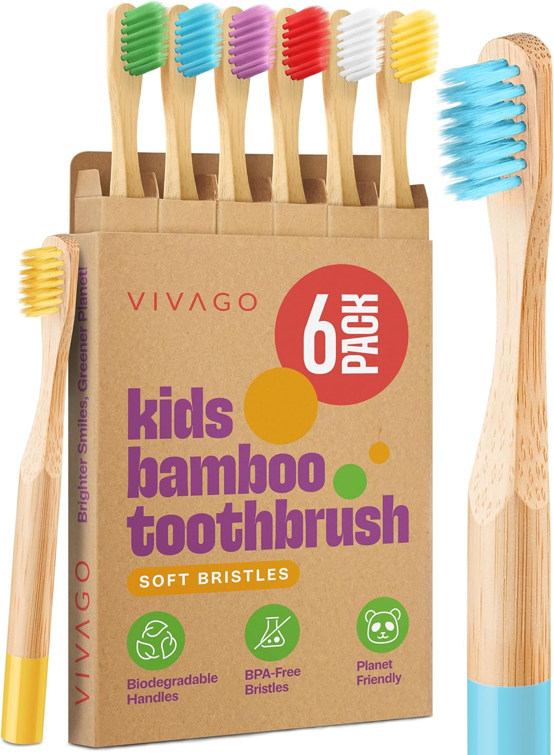 Kids Toothbrush with Soft Bristles 6 Pack - Toddler Toothbrush with Colorful Bamboo Handles // Kids Bamboo Toothbrushes // Kid Tooth Brush // Childrens Toothbrushes Set - Image 1