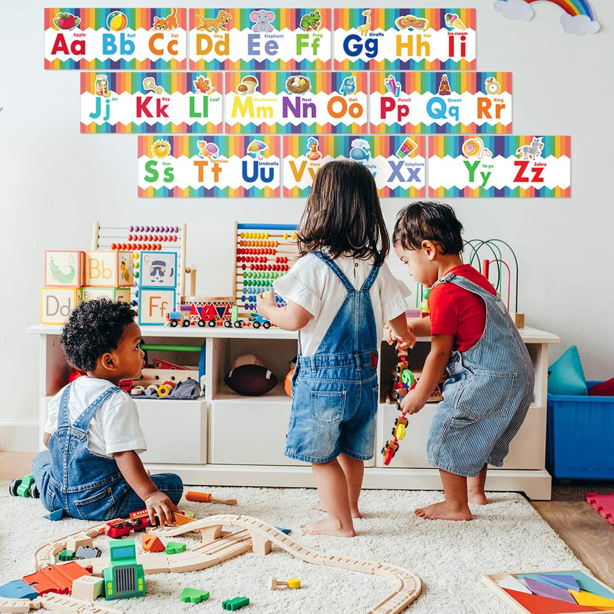 Outus alphabet and number line border strips mounted on classroom wall